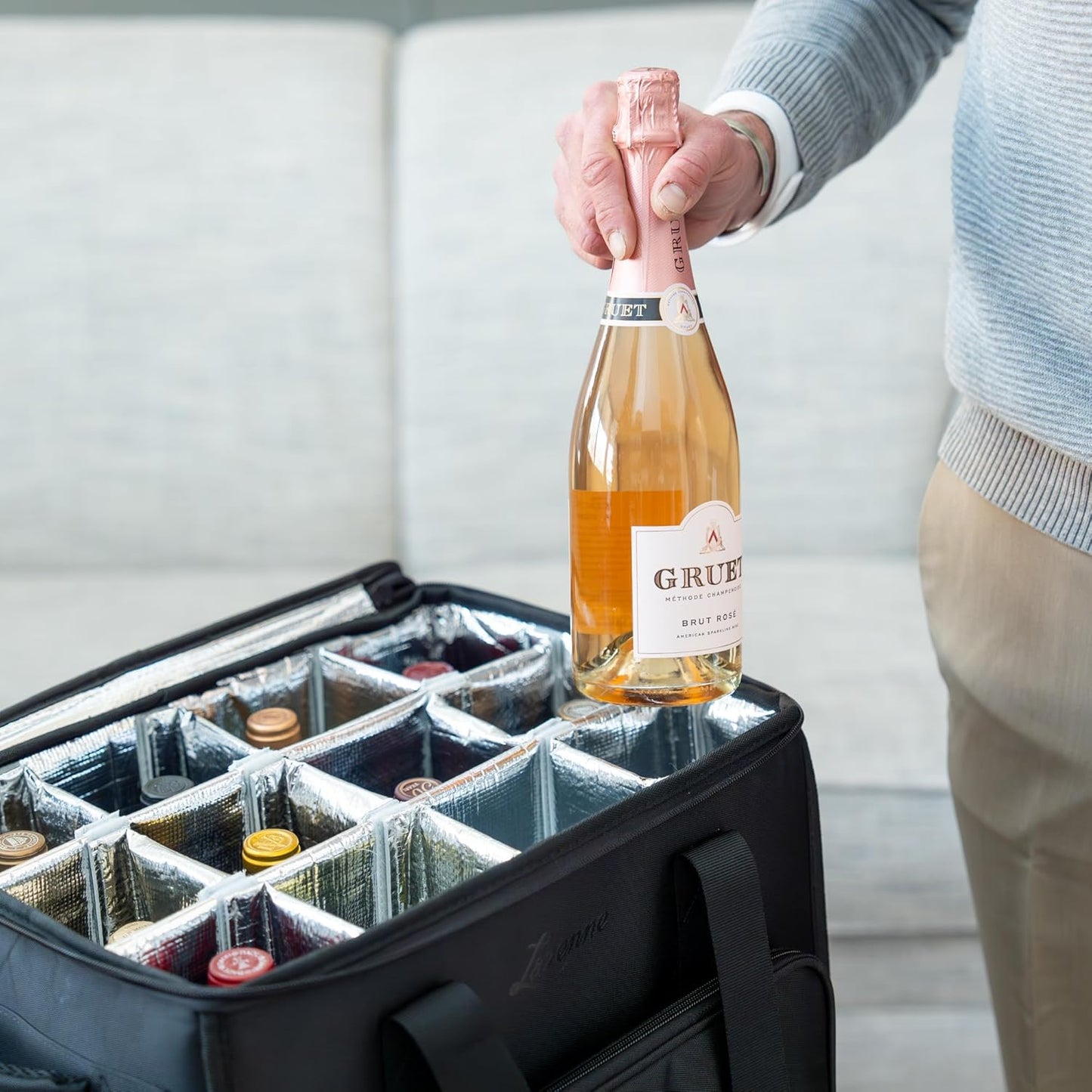 3-in-1 Wine Tote - Rolling Suitcase and Insulated Cooler Bag with Removable Dividers for 12 Bottles