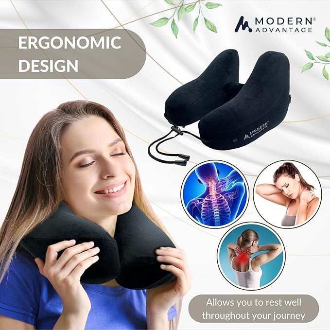 Modern Advantage Inflatable Travel Pillow for Airplanes with Comfort Hood, Adjustable Neck Support, Lightweight & Compact Flight Pillow for Sleeping on Long Flights & Travel (Black)