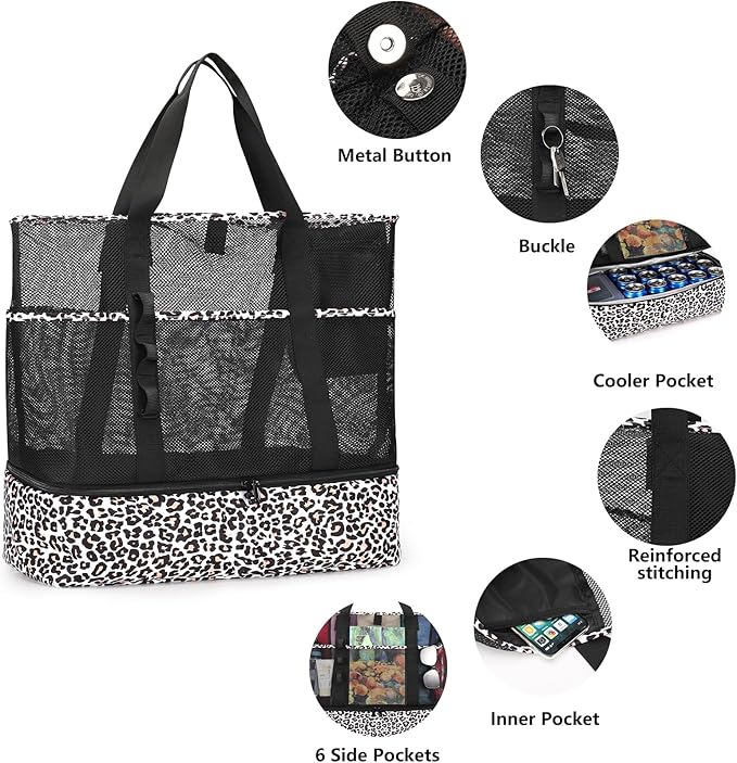 Beach Bag with Cooler,Mesh Beach Bags for Women Sandproof for Pool and Swimming Travel Daily with Durable 8 Pocket