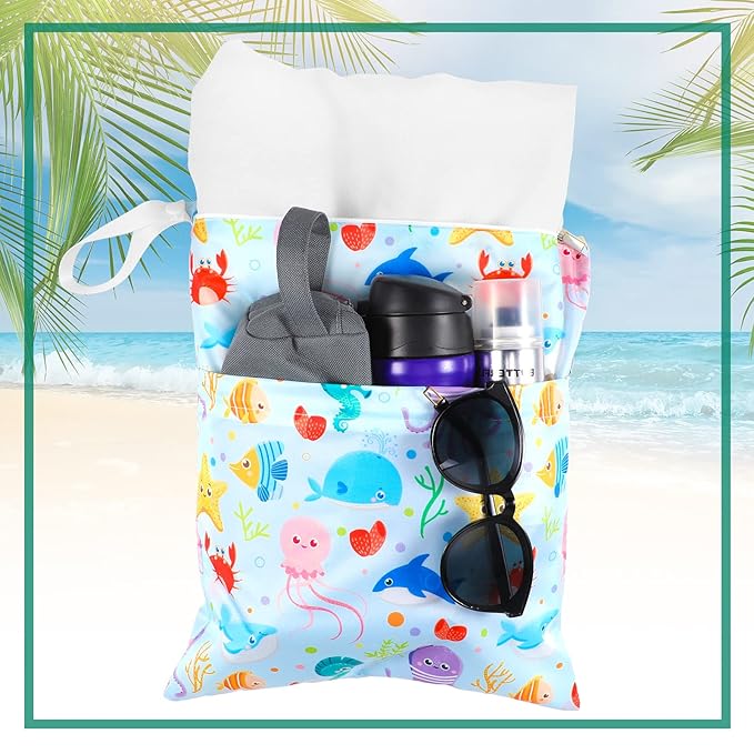 Frienda 4 Pieces Wet Dry Bag for Baby Waterproof Reusable Washable Diaper Bag Sealed with Handle for Travel, Beach, Swimsuit, Diapers, Dirty Gym Clothes and Toiletries (Animal)
