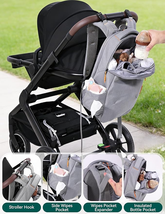 BABELIO Grid Wizard Diaper Bag Backpack - Multi Function Waterproof Diaper Bag, Travel Essentials Baby Bag with 4 Individual Organizers, Insulated Bottle Holders, Baby Shower Gifts, Grey