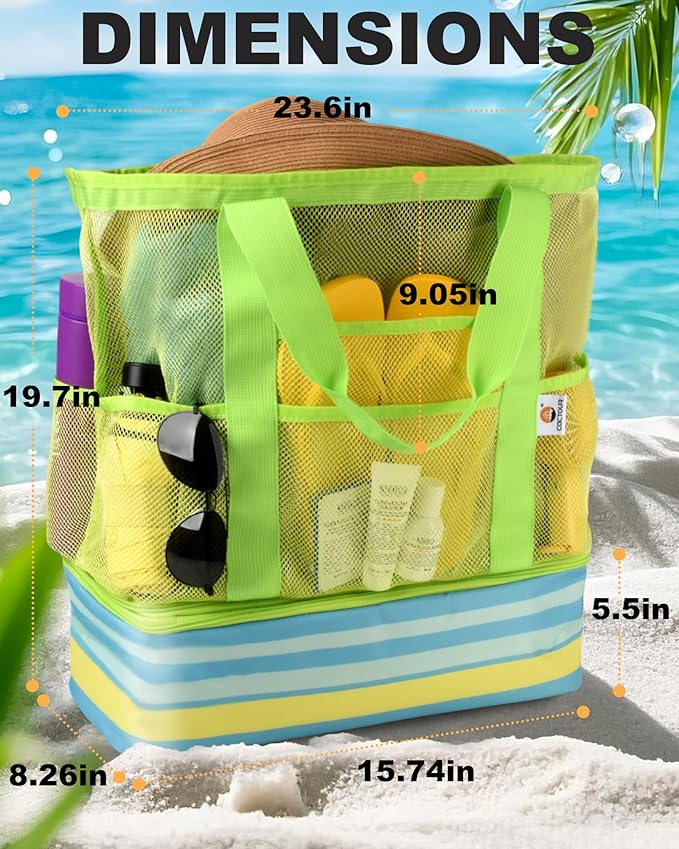 Beach Bag with Cooler, Mesh Beach Bag for Women Cruise Pool, Packable Waterproof Sandproof Travel Tote Bag with 8 Pockets