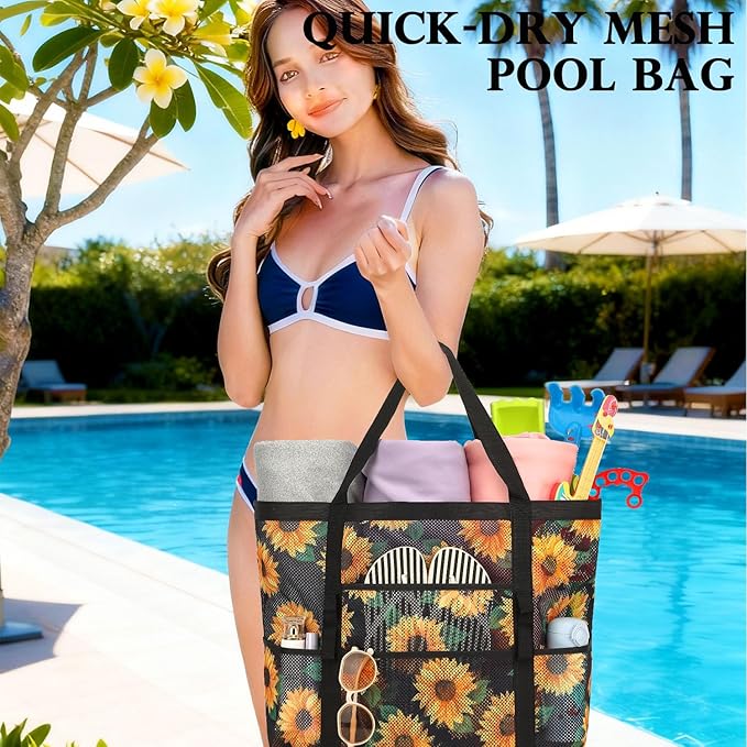 Mesh Beach Bag, Large Beach Tote with Zipper Pocket, Toys Pool Bag for Family Travel Vacation Cruise Essentials