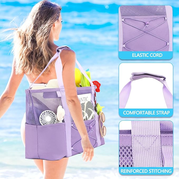 Mesh Beach Bag, Large Beach Tote with Zipper Pocket, Toys Pool Bag for Family Travel Vacation Cruise Essentials
