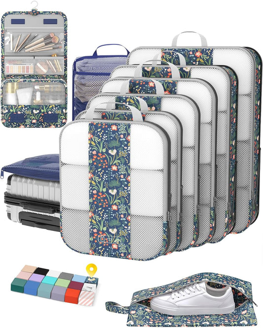 10 Set Compression Packing Cubes for Travel Essentials,Compressible Expandable Packing Cubes for Suitcase,OlarHike Luggage Organizer Bags,Handy Helper for Organizing Clothes(Dark Blue Floral)