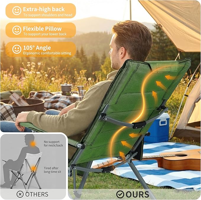 Folding Camping Chair with Cup Holder and Storage Bag, Heavy Duty Support 400 LBS, Oversized Collapsible Portable Adjustable Back Support Camping Chair for Outdoor (Adjustable-Green)