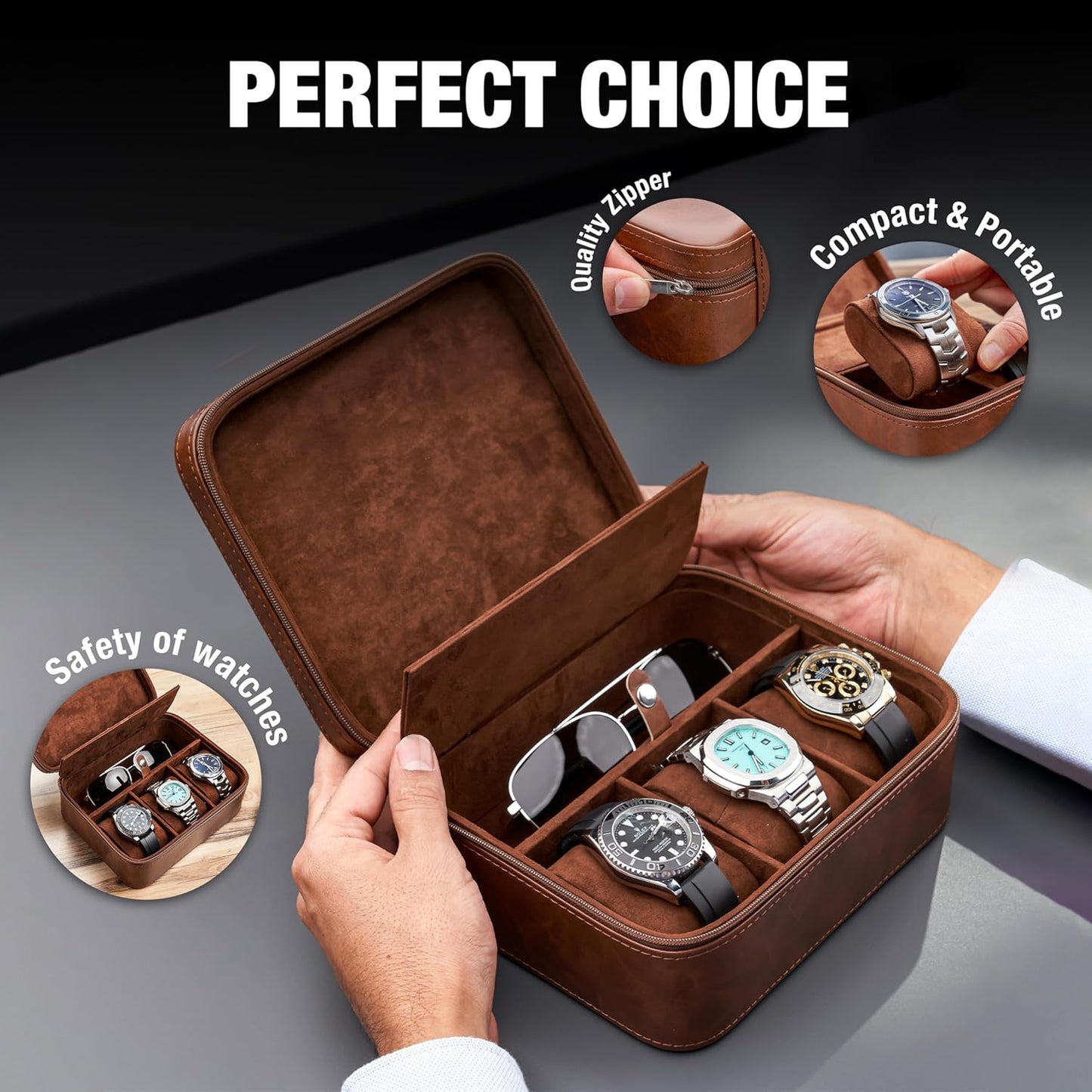 Awesometik 3 Slot Luxury Travel Faux Leather Watch Case. Watch Storage Organizer. Watch Display & Watch Holder. Perfect For Watch Collection. Ready to Gift for Men (3 Slot Watch Case)