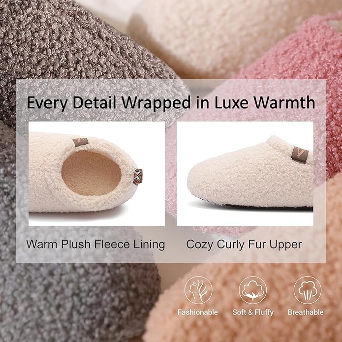 Women’s Fuzzy Memory Foam Slippers with Cozy Curly Fur and Warm Fleece Lining Closed Back Non-Slip House Shoes Lightweight Soft Comfy Indoor Bedroom Slippers