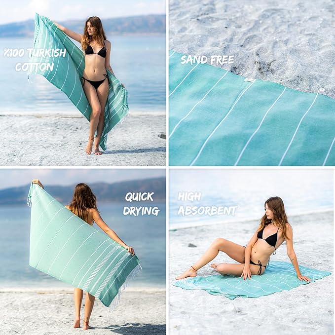 Ray Silver Turkish Beach Towel – 100% Cotton 40x71 Quick Dry Oversized Sand Free Lightweight Blanket for Travel Camping Bath Sauna Pool Gym Yoga (1pc - S-Benetton Green)