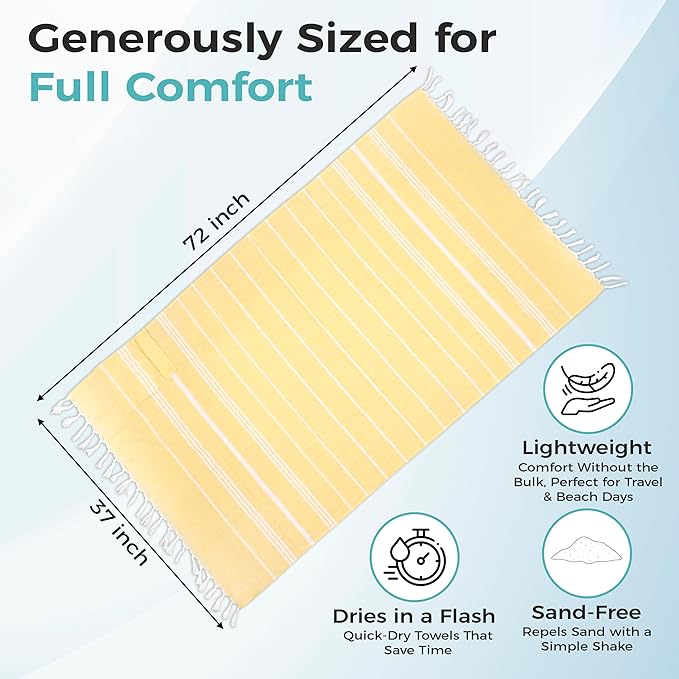 Turkish Beach Towel with Hidden Zipper Pocket 100% Cotton Oversized 72 x 37 Inches Quick Dry Sand Free Lightweight Compact for Beach, Pool, Travel, Bath, and Yoga (Light Yellow)