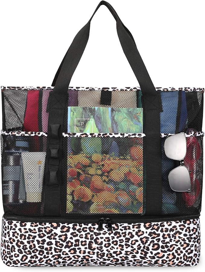 Beach Bag with Cooler,Mesh Beach Bags for Women Sandproof for Pool and Swimming Travel Daily with Durable 8 Pocket