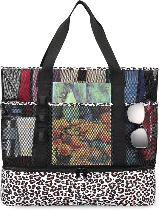 Beach Bag with Cooler,Mesh Beach Bags for Women Sandproof for Pool and Swimming Travel Daily with Durable 8 Pocket