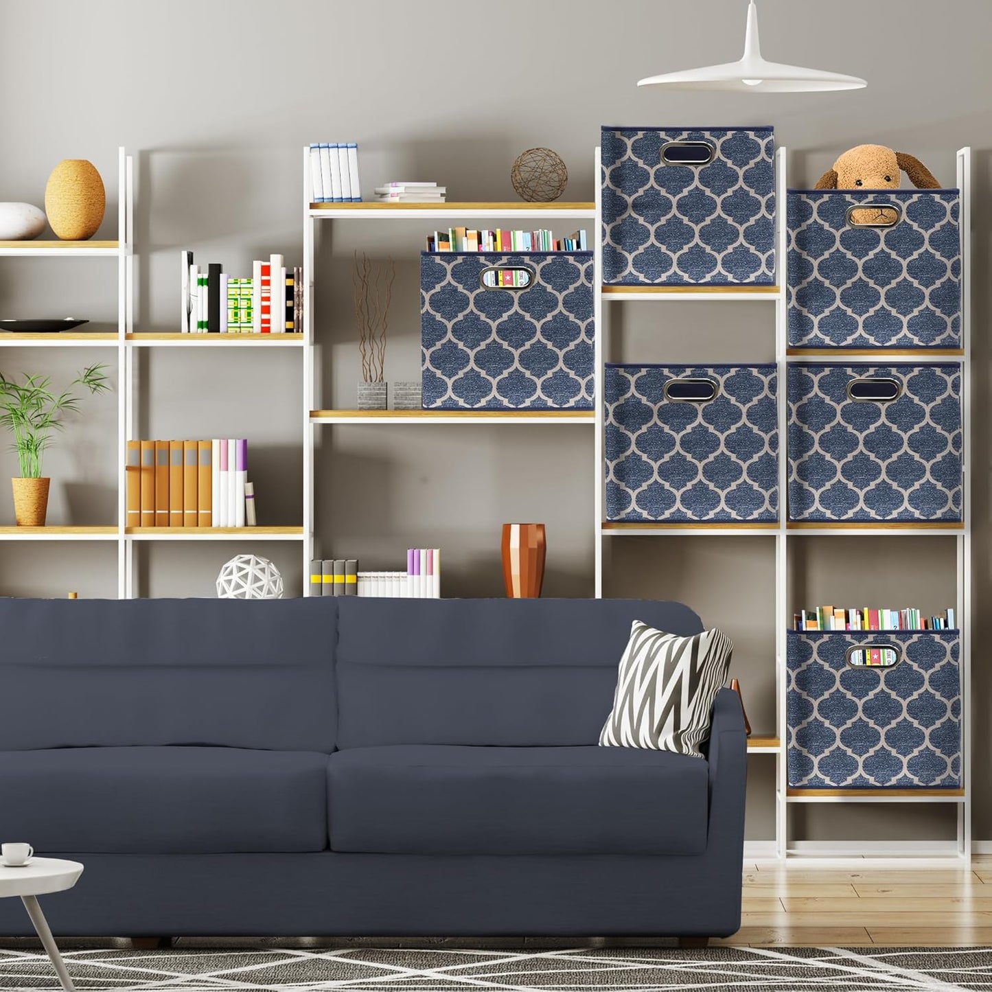 SIMPLE HOUSEWARE 11-Inch Collapsible Fabric Cube Storage Bin with Handles, Printed Design, 6 Pack, Steel Blue