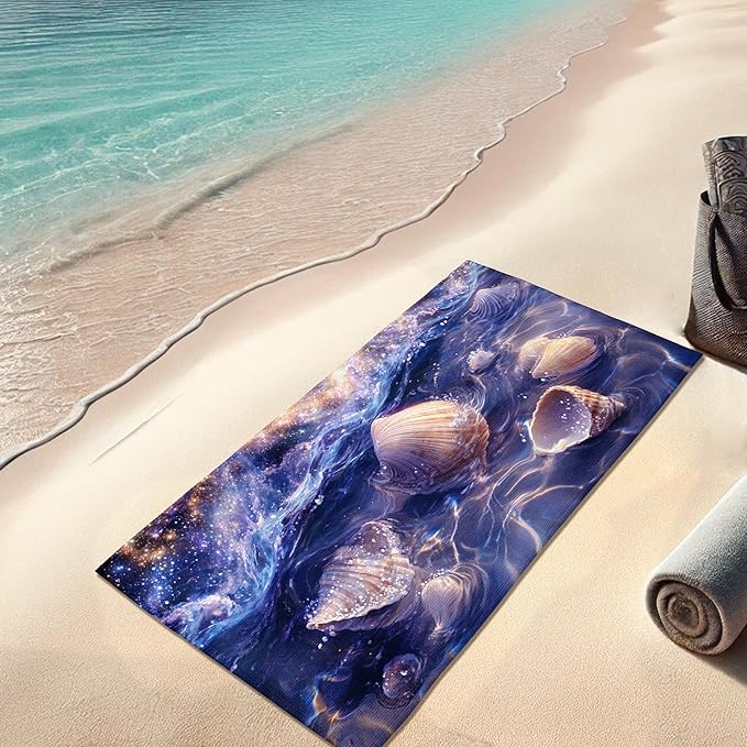 Galactic Shells Microfiber Beach Towel Violet Ocean Shell Design, Quick Dry Absorbent Soft Sand Free Lightweight Travel Blanket, Beach Pool Vacation Essentials 62x31 Inch