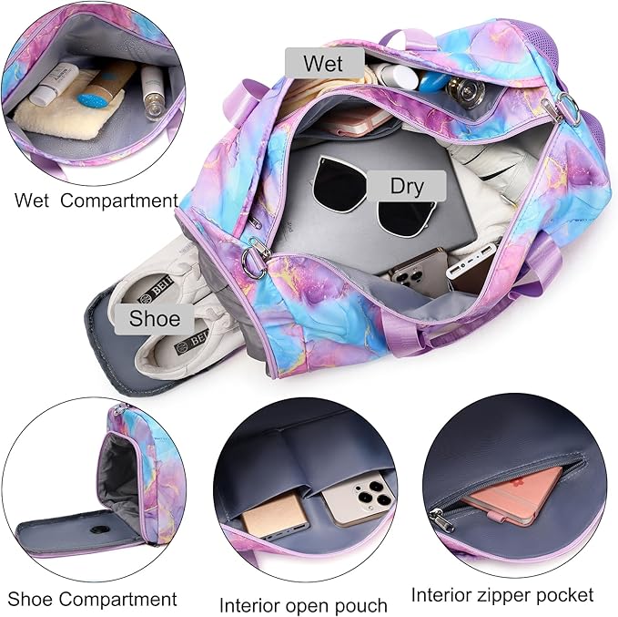 Gym Sports Duffle Bag Dance Ballet Bags with Separate Dry Wet Pocket and Shoes Compartment Weekender Overnight Travel Foldable Bag for Girls Teen Women(Purple)