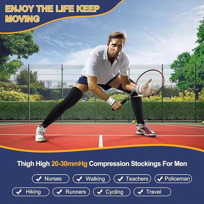 Zhanmai 2 Pairs Thigh High Men's Compression Socks 20-30 Mmhg Compression Stocking with Silicone Grip Men's Dress Socks (Medium)