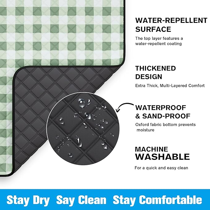 TigeJoy Small Picnic Blanket Waterproof 60x60, 5-Layer Thick Beach Blanket Sandproof, Gingham Picnic Blanket Outdoor Picnic Mat for Beach, Park, Grass, Travel, Hiking, Camping Essentials