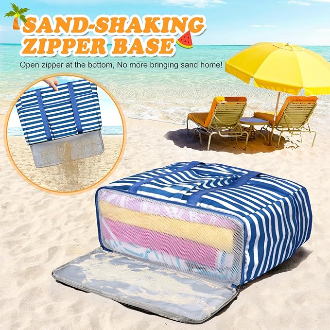 Large Beach Bag with Zipper, 12 Pockets Waterproof Sandproof Pool Bag Womens Mesh Beach Tote Bag for Travel Vacation