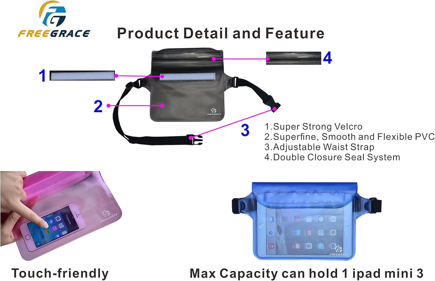 Freegrace Waterproof Pouches with Waist Strap / Pouch Case Bundle Set- Keep Your Phone & Valuables Dry and Safe - Waterproof Dry Bags for Boating Swimming Snorkeling Kayaking Beach Water Parks Pool