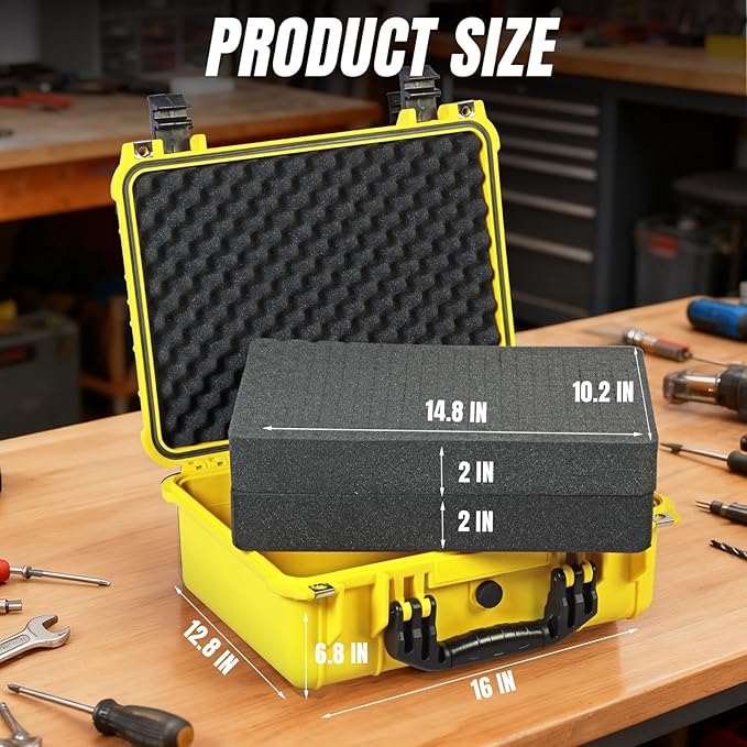 16x 12.8x 6.8 Inch Hard Case, Portable Weather Waterproof Protective Camera Case with Customizable Foam, Fit Use of Drones, Camera, Equipments, Yellow
