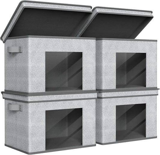 Univivi Foldable Fabric Storage Boxes Large Storage Bins with Lids [4-Pack] Collapsible Storage Cube Organizer, Closet & Bedroom Organization Containers, Home Storage Cube Box (Gray, 17“ x 12” x 12")