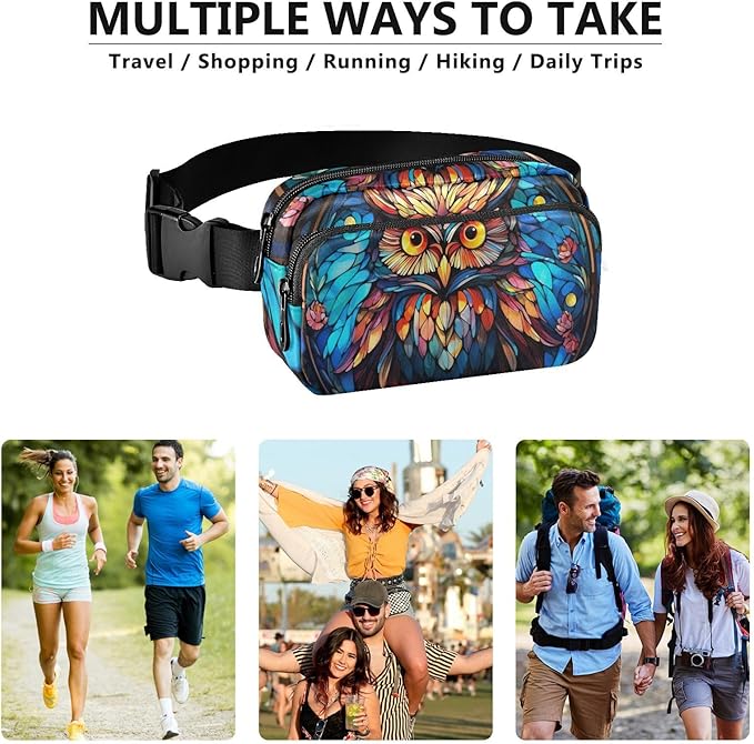 Stained Glass Printed Owl Fanny Pack for Women Men Water Resistant Fashion Waist Packs with Adjustable Strap Belt Bag for Travel Workout Jogging Hiking 21219631