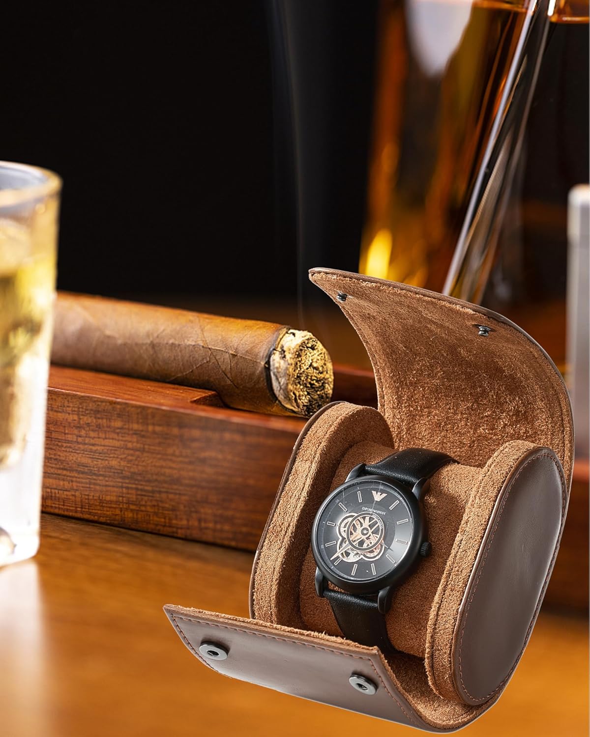 MR.OKAY Single Watch Travel Case-Classic Leather Watch Case With Superb Texture.Portable Watch Roll Or Organizer For Storage And Display.Travel Gift for Men,All Handmade By Leather Craftsmen.