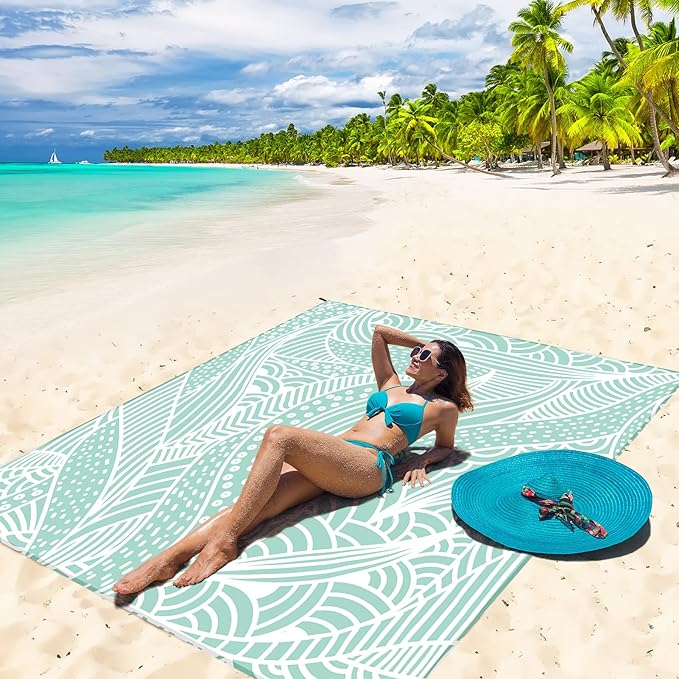 Beach Blanket Waterproof Sandproof Beach Mat for 1-8 Adults Quick Drying Durable Outdoor Picnic Mat for Beach Festival Travel Camping Hiking (LBL-Ripple, 79"×83"(4 Person))