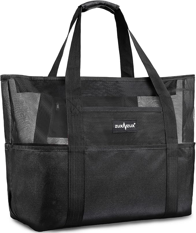 Mesh Beach Bag - Large Waterproof Beach Tote Bag with Zipper, Oversized Foldable Lightweight Family Swim Bag Vacation