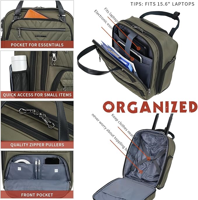KROSER Carry On Underseat Multi-functional, 16-inch Underseater Lightweight Overnight Suitcase for Women, Olive
