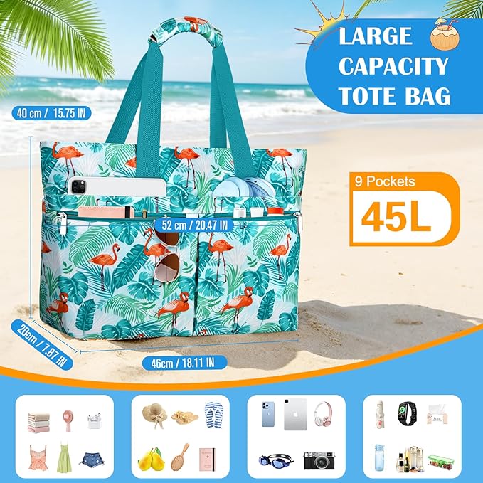HUANLANG Large Beach Bags for Women Pool Bag with Zipper, Waterproof Sandproof Beach Tote Travel Bag with Wet Pocket | Waterproof, Large capacity, Dry/wet separation, Cooling function, Durable fabric, sandproof