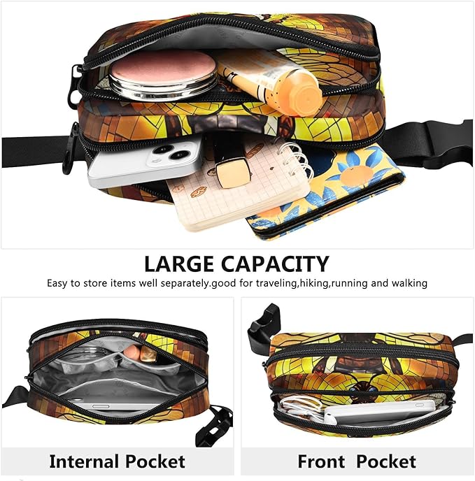 Stained Glass Printed Bee Fanny Pack for Women Men Water Resistant Fashion Waist Packs with Adjustable Strap Belt Bag for Travel Workout Jogging Hiking 21219664
