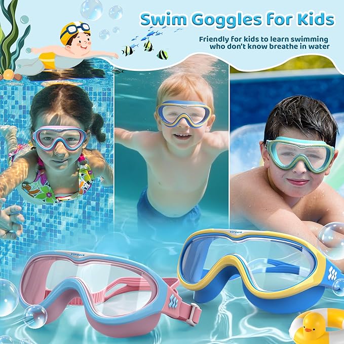 Kids Swim Goggles for Kids 6-14, Anti-Fog & UV400 Lens, Comfortable Silicone Design, Includes Nose Clip & Earplugs
