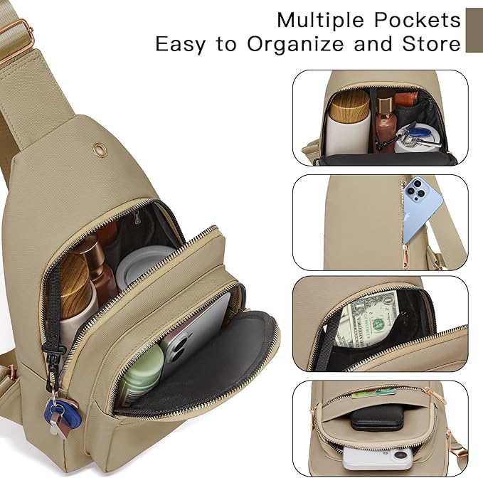 Small RFID Waterproof Sling Bag Travel Crossbody Bags for Women Men, Hands Free Lightweight Sling Backpack Chest Pack Daypack for Outdoors Hiking Traveling Fitness Commuting Cycling Khaki
