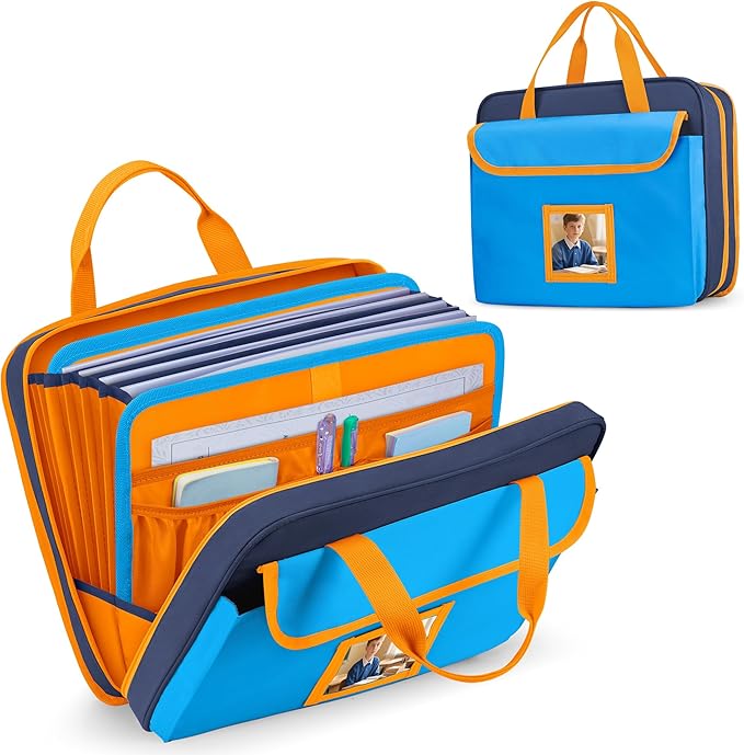 Zipper Document Bag for Boys and Girls, 9 Expandable Folders, Baby Portfolio Organizer Case with Customized Photo and Name Areas, Blue
