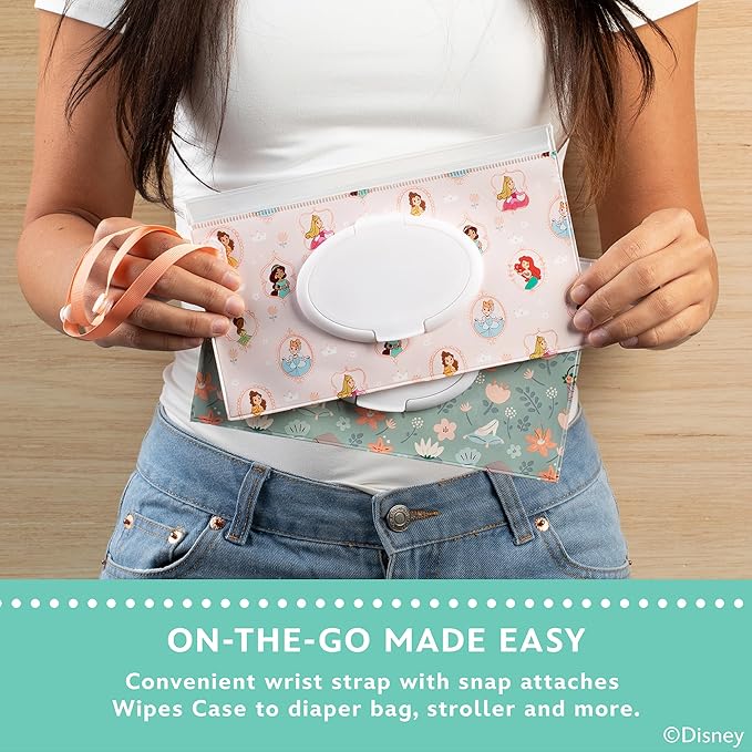 Disney Baby by J.L. Childress Reusable Wet Wipes Case Pouch - Refillable Baby Wipes Dispenser, Travel Essential for On the Go, Portable Holder with Wrist Strap - Princess, 2 Pack