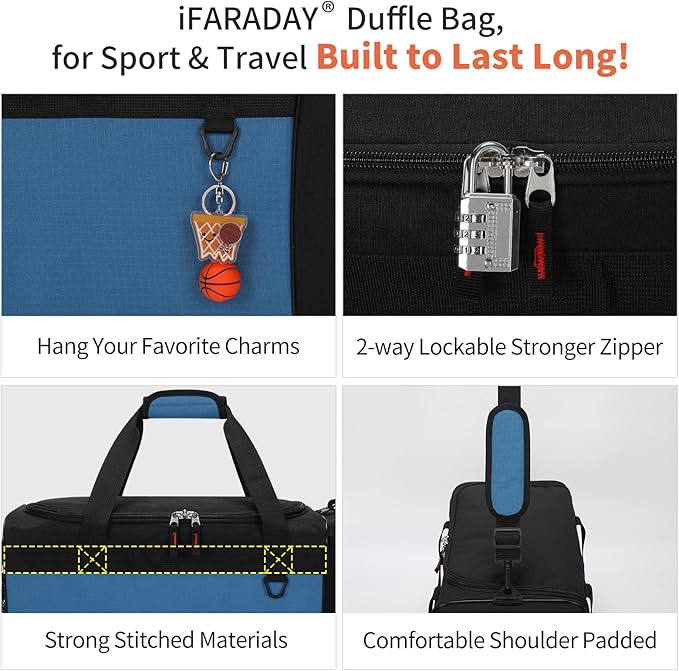 iFARADAY 40L Gym Bag for Men - 20 inch Sport Duffle Bag with Side Pocket, Two-Tone Design for Basketball, Football, Workout - Blue
