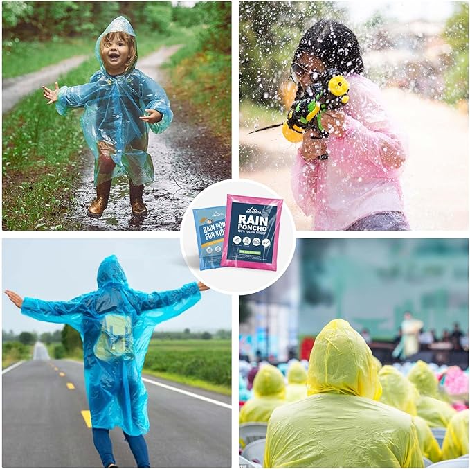 Disposable Rain Ponchos for Kids,Rain Ponchos Family Pack,Clear Kids Ponchos,Individually Wrapped.