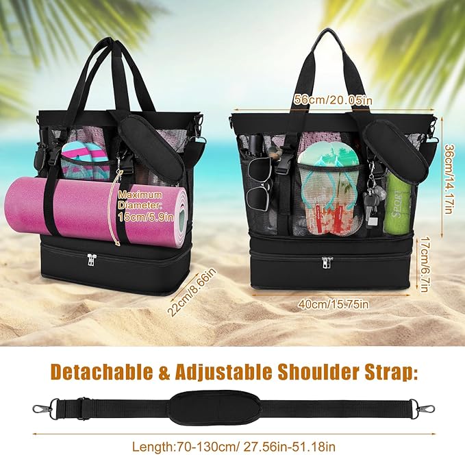 SelfTek Beach Tote Bag with Cooler compartment, Waterproof Sandproof Daily Pool Swim Travel Essentials