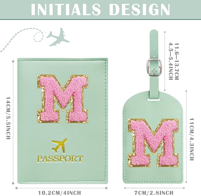 COSHAYSOO Initial Passport Cover Luggage Tag Set Letter Passport Holder Airplane Cruise Travel Essentials Vacation Traveling Accessories Personalized Gifts for Women Teen College Girls Teal M
