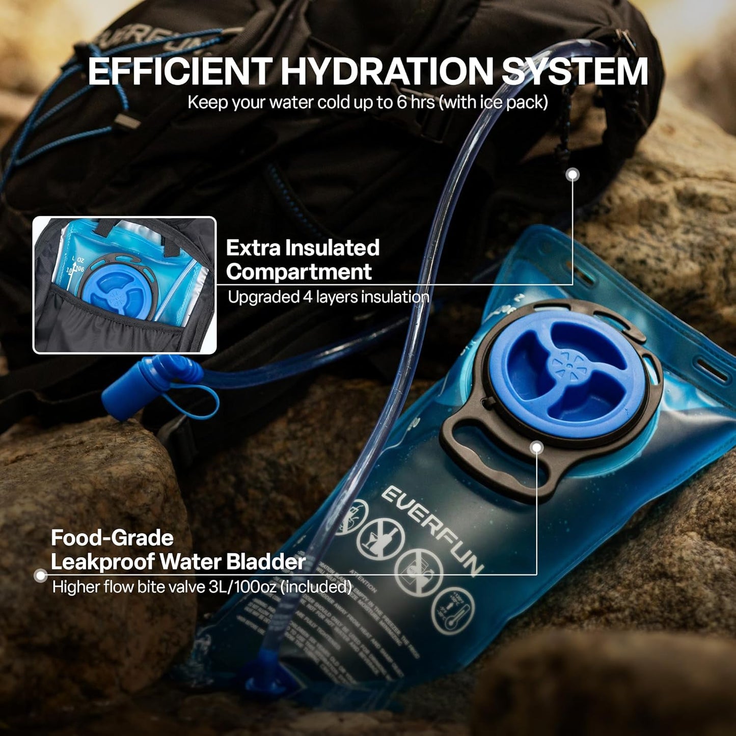 Everfun Hydration Backpack 18L with Water Bladder 2L/3L Hiking Water Backpack Women Men Hydration Pack Insulated Lightweight Day Hydropack with Storage for Hiking, Biking, Running, Festival