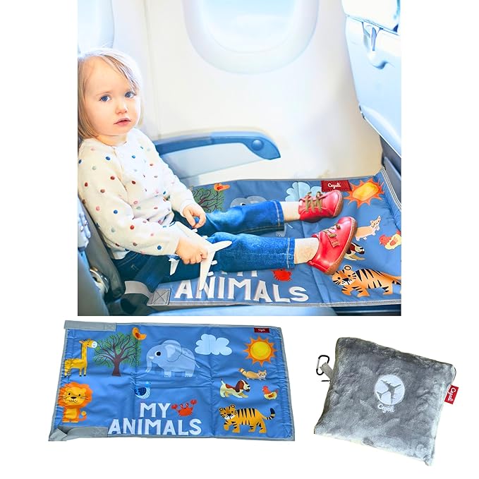 Airplane Seat Extender for Kids ANM: Enhance Your Child's in-Flight Comfort. Travel Toddler Bed, Leg Rest, Foot Hammock, All in One (My Animals - Cool Grey)