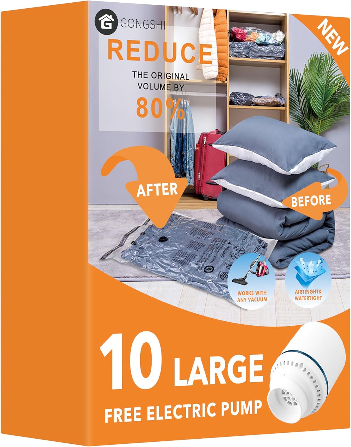 10 Large Vacuum Storage Bags with Electric Pump, Plastic Packaging Bags,Space Saver Bag for Clothes, Mattress, Blanket, Duvets, Pillows, Comforters, Travel
