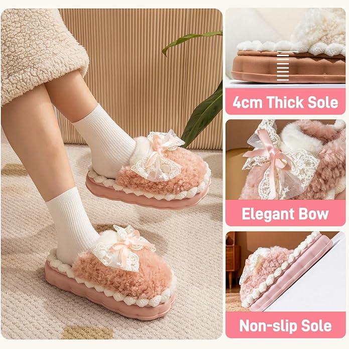 Cute Bow Slippers for Women, Womens Fuzzy Fluffy Cozy Indoor Outdoor House Slippers