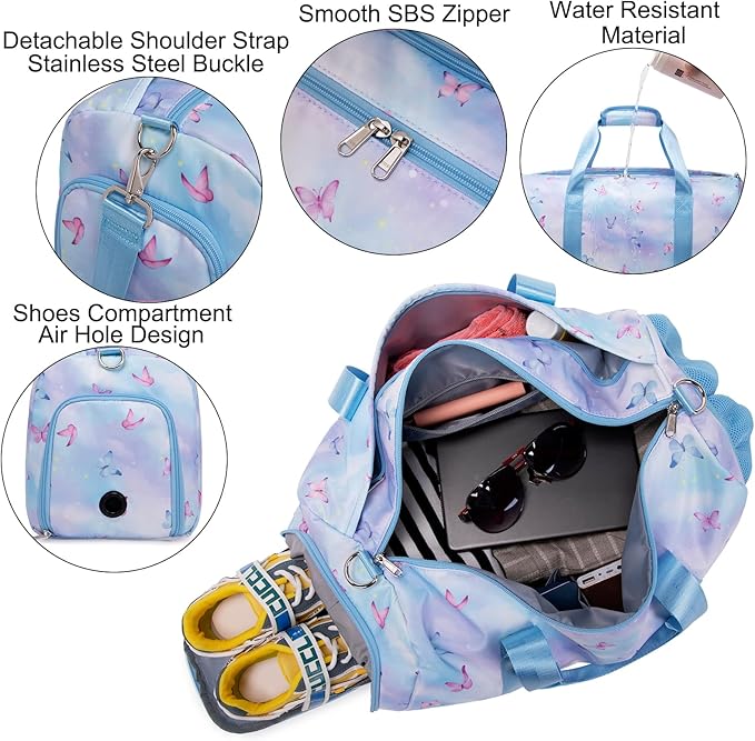 Cute Ballet Dance Bag Butterfly Dance Bag Sports Bag Gym Bag Duffle Bag Travel Bag for Girls with Shoes Compartment