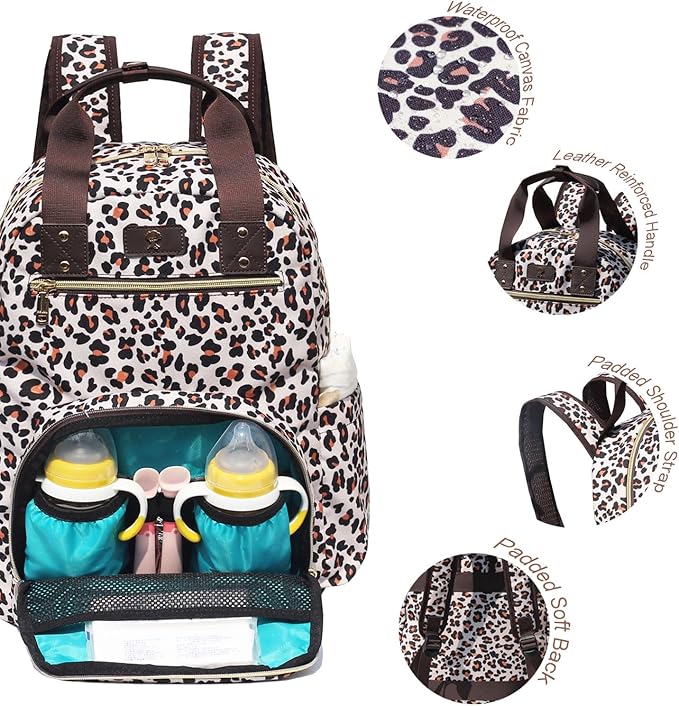 Diaper Bag Backpack, Large Capacity Multifunction Baby Essentials Fashion Travel Pack Linen Canvas office Laptop Bag (Canvas leopard print)