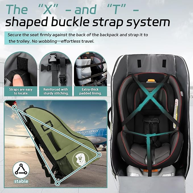 Rolling Car Seat Travel Bag with Wheels – Car Seat Backpack Transport Case for Airplane Travel, Fits Convertible & Booster Seats, Protective Storage Cover, (Green)