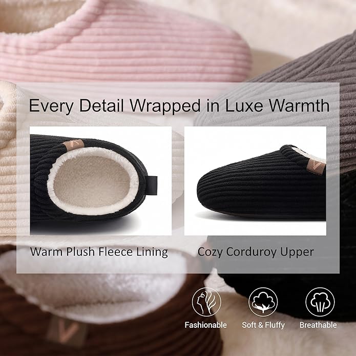 Women’s Fuzzy Memory Foam Slippers with Cozy Curly Fur and Warm Fleece Lining Closed Back Non-Slip House Shoes Lightweight Soft Comfy Indoor Bedroom Slippers