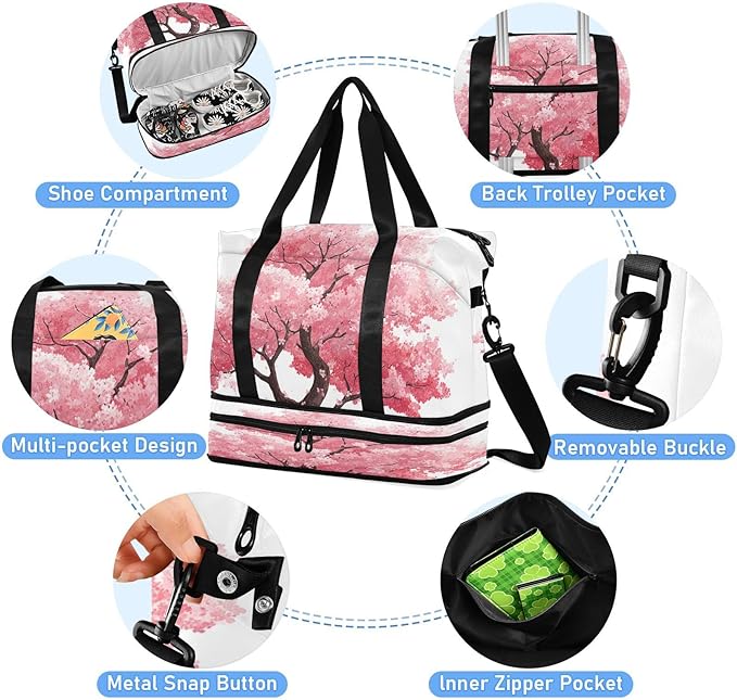 Travel Duffel Bags for Women Vibrant Pink Cherry Blossom Tree Sports Duffel Bags Gym Bags with Shoes Compartment Tote Bag Weekender Bag for Travelling