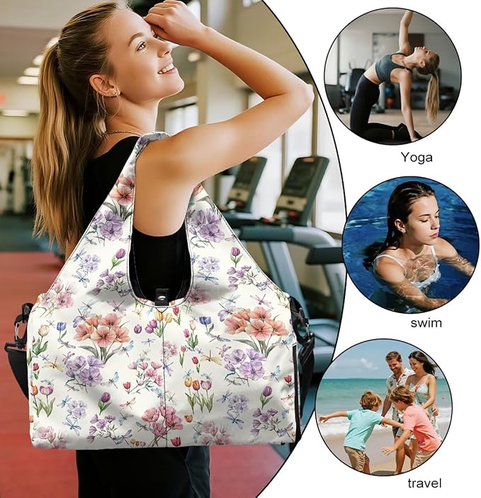 Tulip Floral Print Gym Bag for Women Duffle Bag with Shoe Compartment and Yoga Mat Holder Carry On Tote Bags for Sports Travel Hospital Fitness Swim Elegant Tote Bags with Zipper